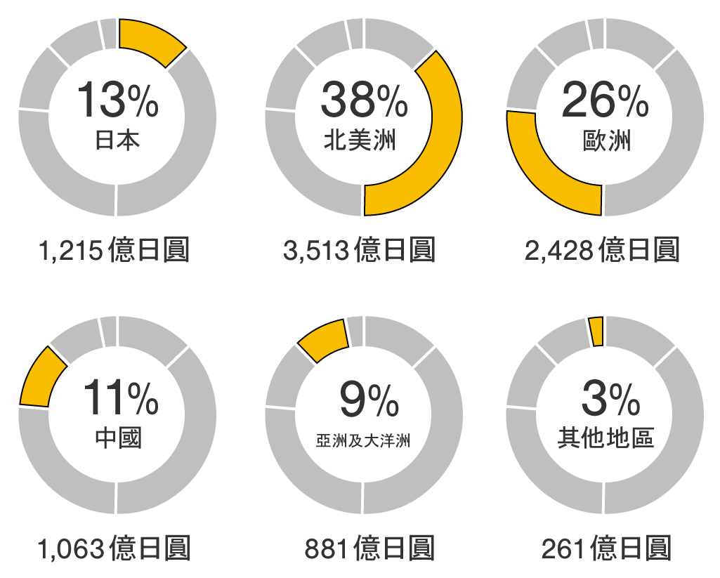 截至2024年3月止的財政年度：總計9362億日圓.日本1215億日圓13％,北美洲3513億日圓38％,歐洲2428億日圓26％,中國1063億日圓11%,亞洲及大洋洲881億日圓9%,其他地區261億日圓3％.